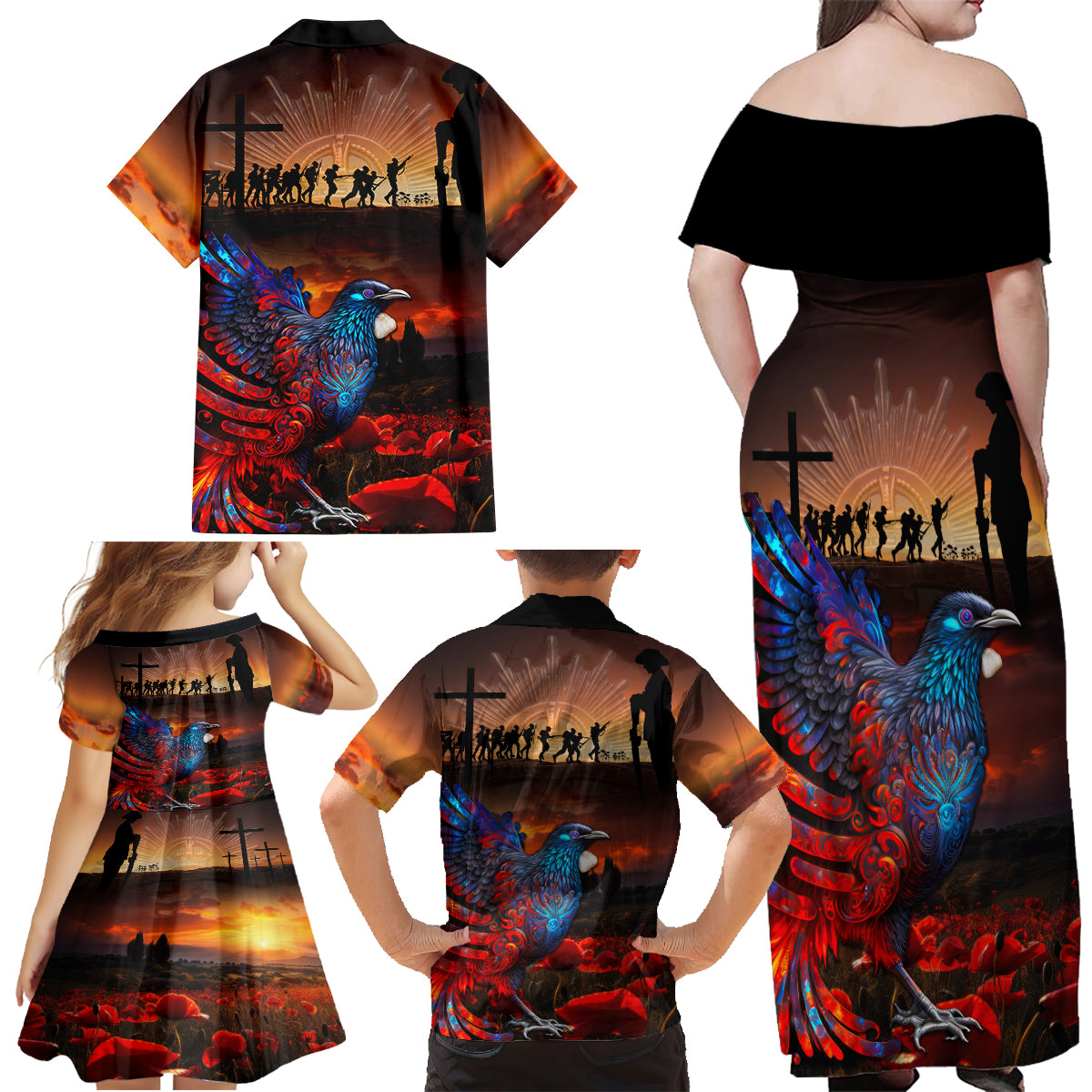 New Zealand Tui Bird Soldier ANZAC Family Matching Off Shoulder Maxi Dress and Hawaiian Shirt Lest We Forget LT03 - Polynesian Pride