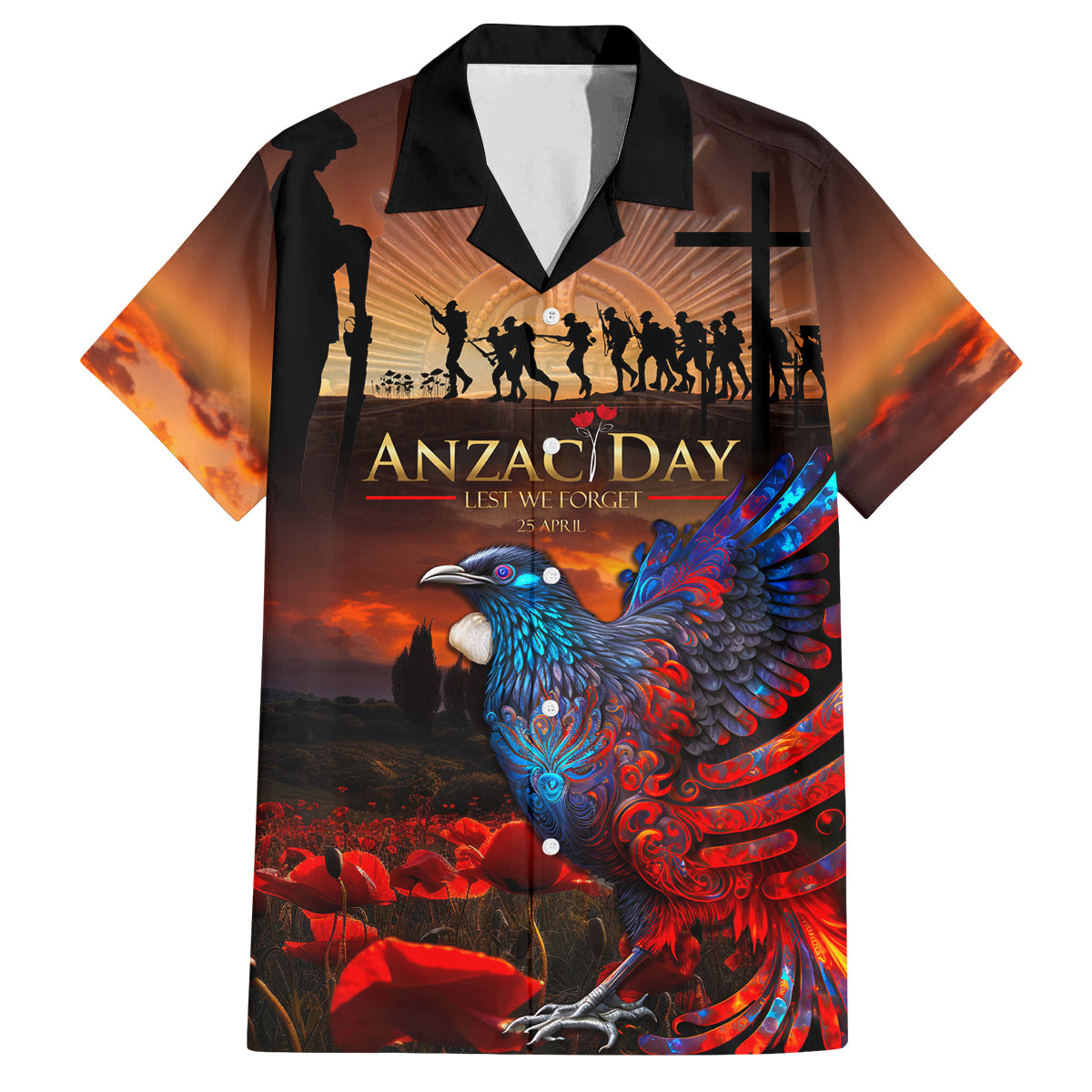 New Zealand Tui Bird Soldier ANZAC Family Matching Off Shoulder Maxi Dress and Hawaiian Shirt Lest We Forget LT03 Dad's Shirt - Short Sleeve Black - Polynesian Pride