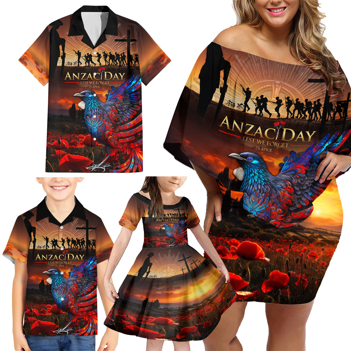 New Zealand Tui Bird Soldier ANZAC Family Matching Off Shoulder Short Dress and Hawaiian Shirt Lest We Forget LT03 - Polynesian Pride
