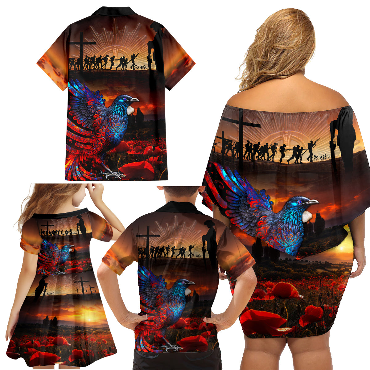 New Zealand Tui Bird Soldier ANZAC Family Matching Off Shoulder Short Dress and Hawaiian Shirt Lest We Forget LT03 - Polynesian Pride
