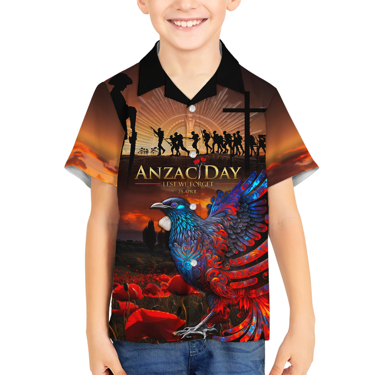 New Zealand Tui Bird Soldier ANZAC Family Matching Off Shoulder Short Dress and Hawaiian Shirt Lest We Forget LT03 Son's Shirt Black - Polynesian Pride