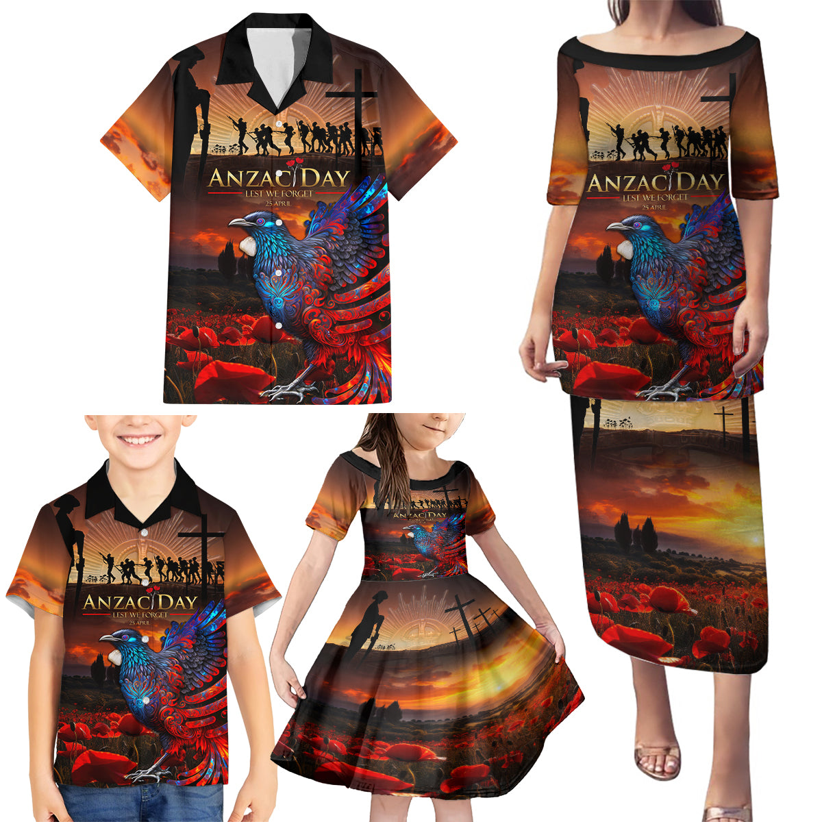New Zealand Tui Bird Soldier ANZAC Family Matching Puletasi and Hawaiian Shirt Lest We Forget LT03 - Polynesian Pride