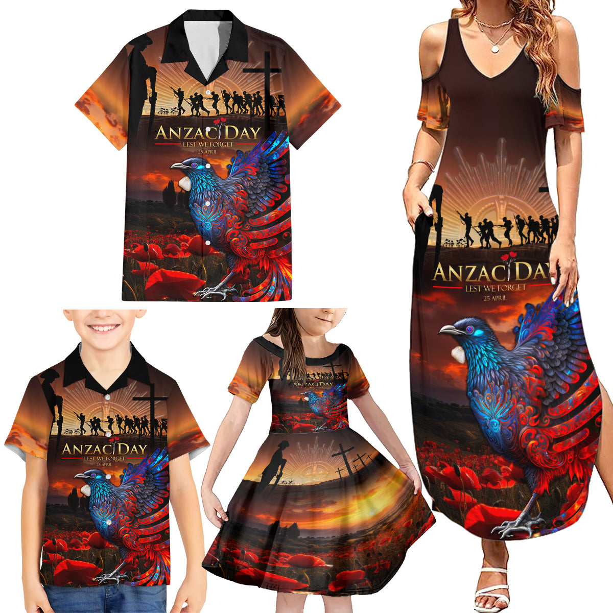 New Zealand Tui Bird Soldier ANZAC Family Matching Summer Maxi Dress and Hawaiian Shirt Lest We Forget LT03 - Polynesian Pride