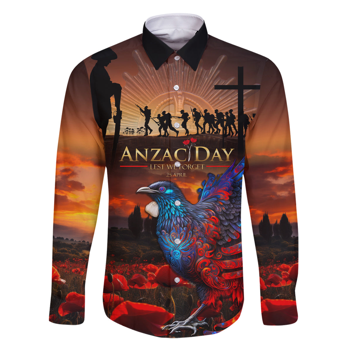 New Zealand Tui Bird Soldier ANZAC Family Matching Summer Maxi Dress and Hawaiian Shirt Lest We Forget LT03 Dad's Shirt - Long Sleeve Black - Polynesian Pride