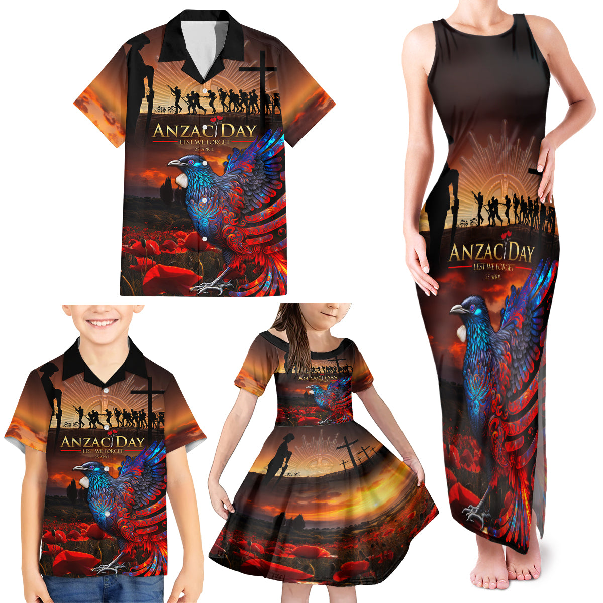 New Zealand Tui Bird Soldier ANZAC Family Matching Tank Maxi Dress and Hawaiian Shirt Lest We Forget LT03 - Polynesian Pride