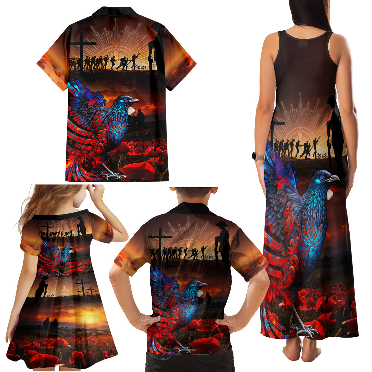 New Zealand Tui Bird Soldier ANZAC Family Matching Tank Maxi Dress and Hawaiian Shirt Lest We Forget LT03 - Polynesian Pride