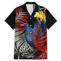 New Zealand Kohwhai Tui Bird Family Matching Mermaid Dress and Hawaiian Shirt Silver Fern Version LT03 Dad's Shirt - Short Sleeve Black - Polynesian Pride