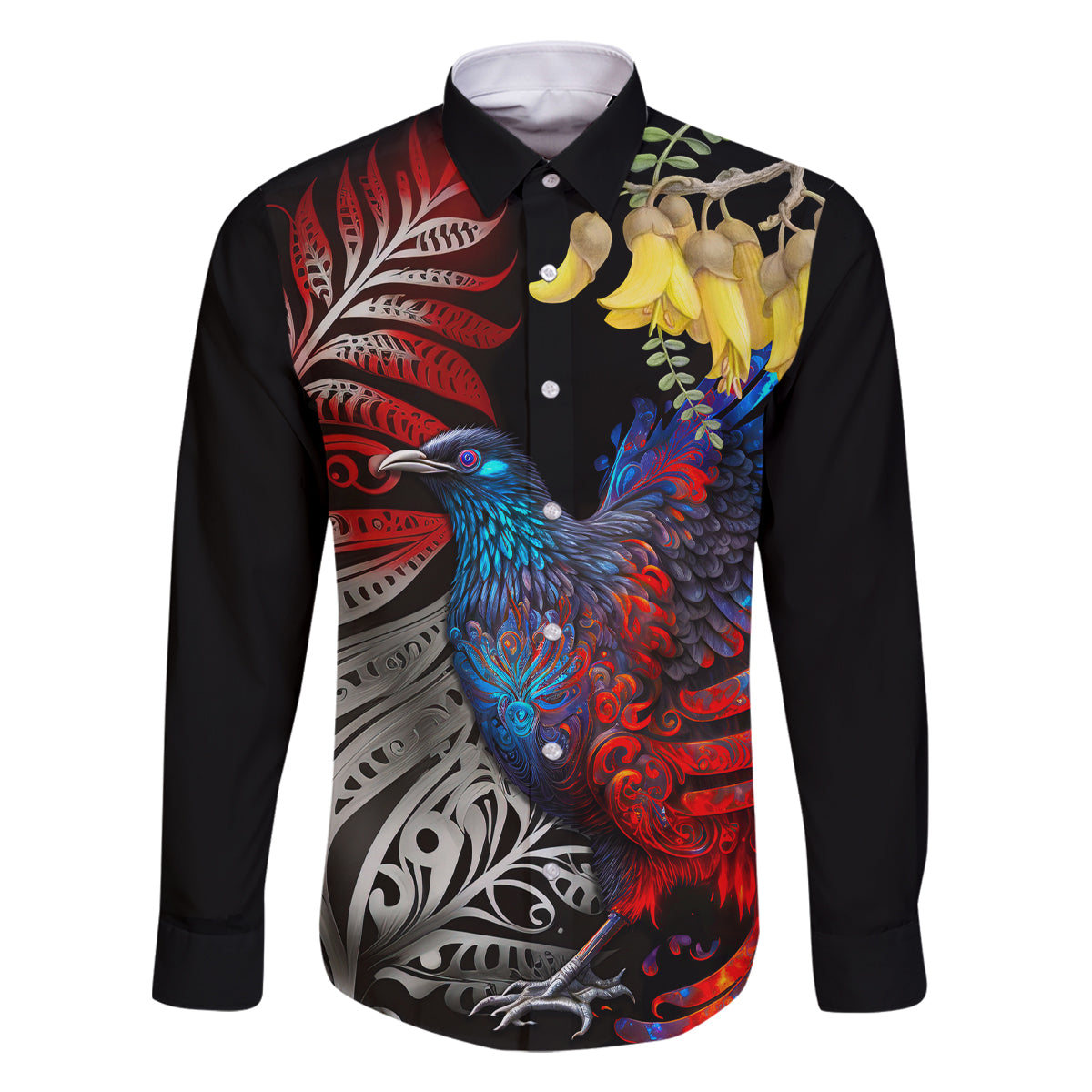 New Zealand Kohwhai Tui Bird Family Matching Off Shoulder Maxi Dress and Hawaiian Shirt Silver Fern Version LT03 Dad's Shirt - Long Sleeve Black - Polynesian Pride