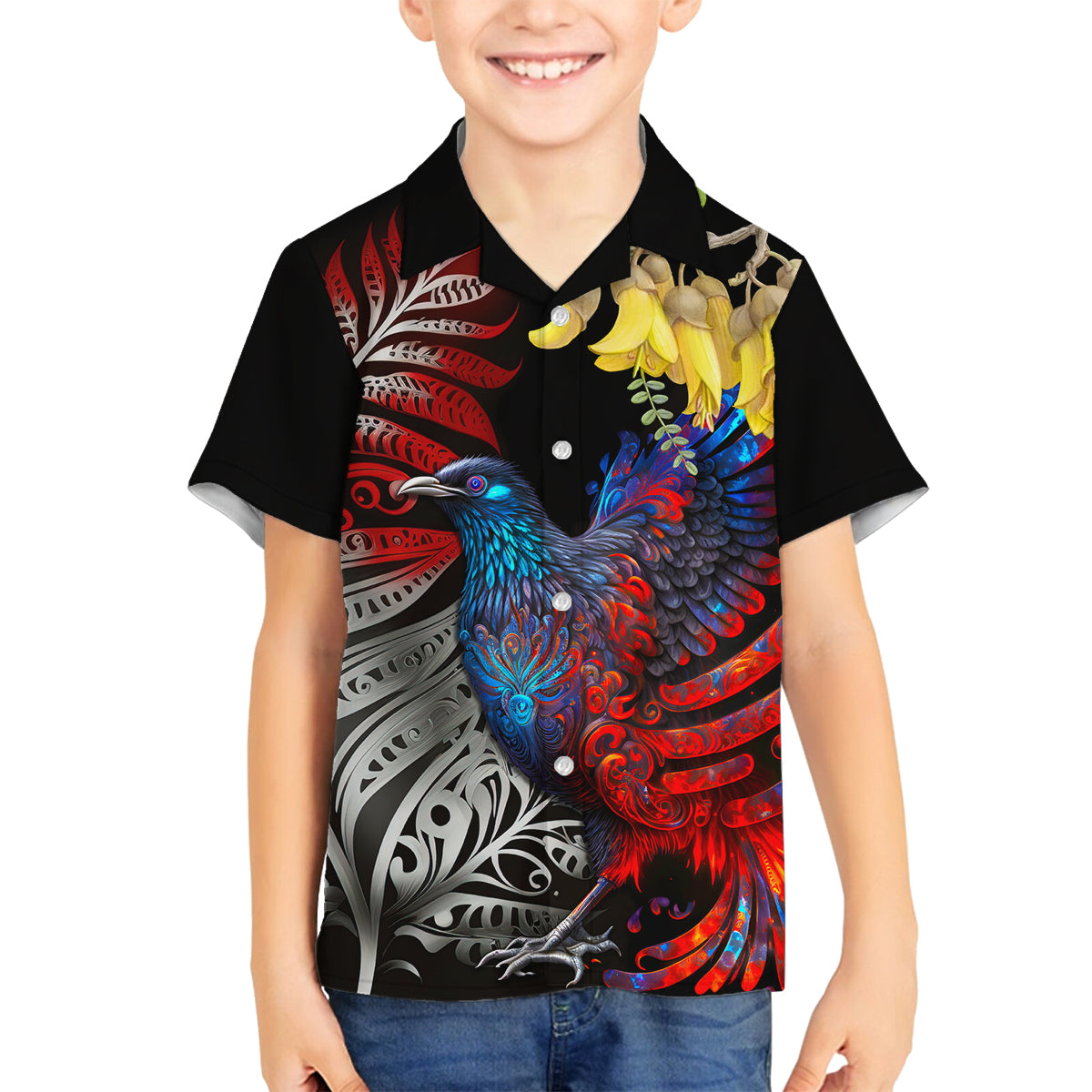 New Zealand Kohwhai Tui Bird Family Matching Tank Maxi Dress and Hawaiian Shirt Silver Fern Version LT03 Son's Shirt Black - Polynesian Pride