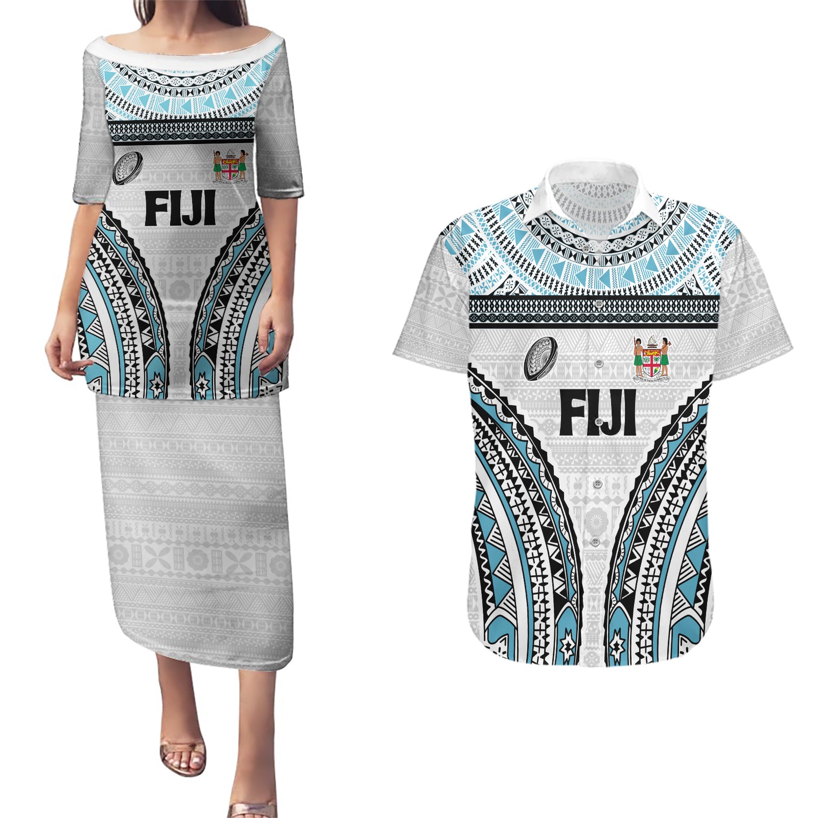 Custom Flying Fijians Rugby Couples Matching Puletasi and Hawaiian Shirt Tapa Tribal Cloth LT03 White - Polynesian Pride