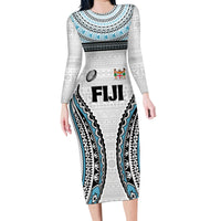 Custom Flying Fijians Rugby Family Matching Long Sleeve Bodycon Dress and Hawaiian Shirt Tapa Tribal Cloth LT03 Mom's Dress White - Polynesian Pride