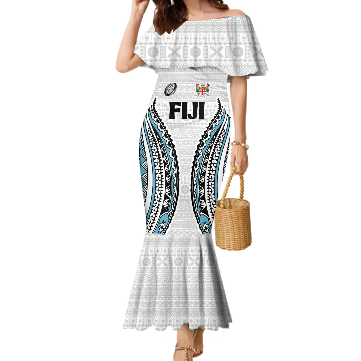 Custom Flying Fijians Rugby Family Matching Mermaid Dress and Hawaiian Shirt Tapa Tribal Cloth LT03 Mom's Dress White - Polynesian Pride