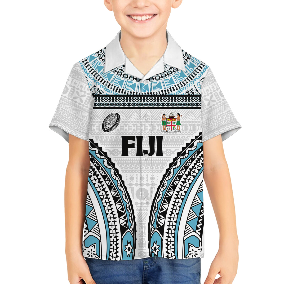 Custom Flying Fijians Rugby Family Matching Off The Shoulder Long Sleeve Dress and Hawaiian Shirt Tapa Tribal Cloth LT03 Son's Shirt White - Polynesian Pride