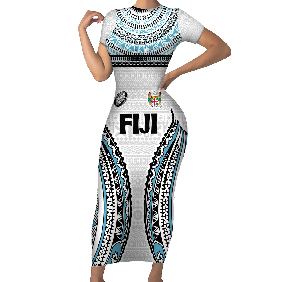 Custom Flying Fijians Rugby Family Matching Short Sleeve Bodycon Dress and Hawaiian Shirt Tapa Tribal Cloth LT03 Mom's Dress White - Polynesian Pride