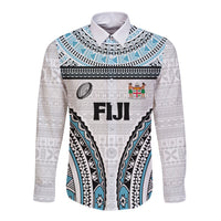 Custom Flying Fijians Rugby Long Sleeve Button Shirt Tapa Tribal Cloth LT03 Unisex White - Polynesian Pride
