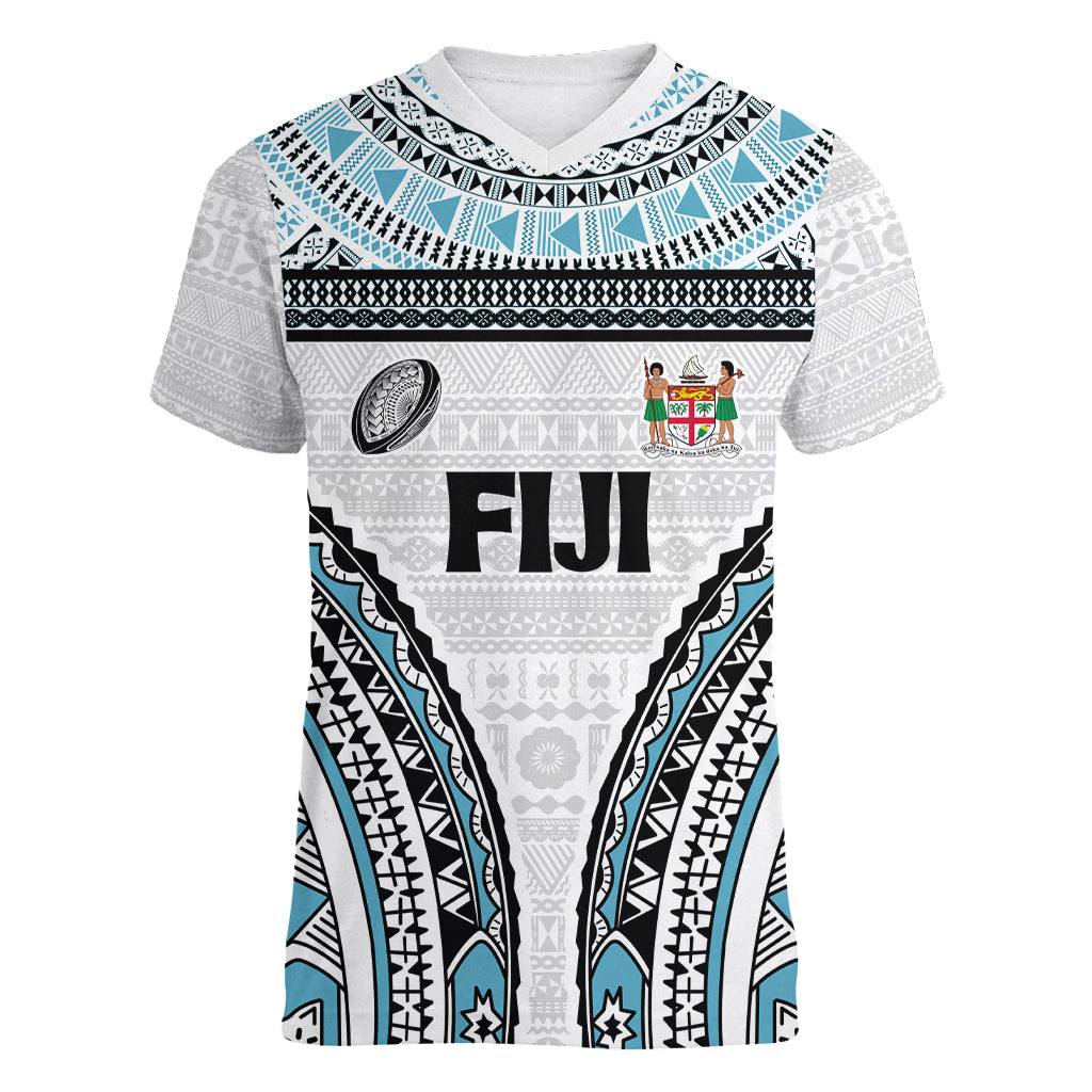 Custom Flying Fijians Rugby Women V Neck T Shirt Tapa Tribal Cloth LT03 Female White - Polynesian Pride
