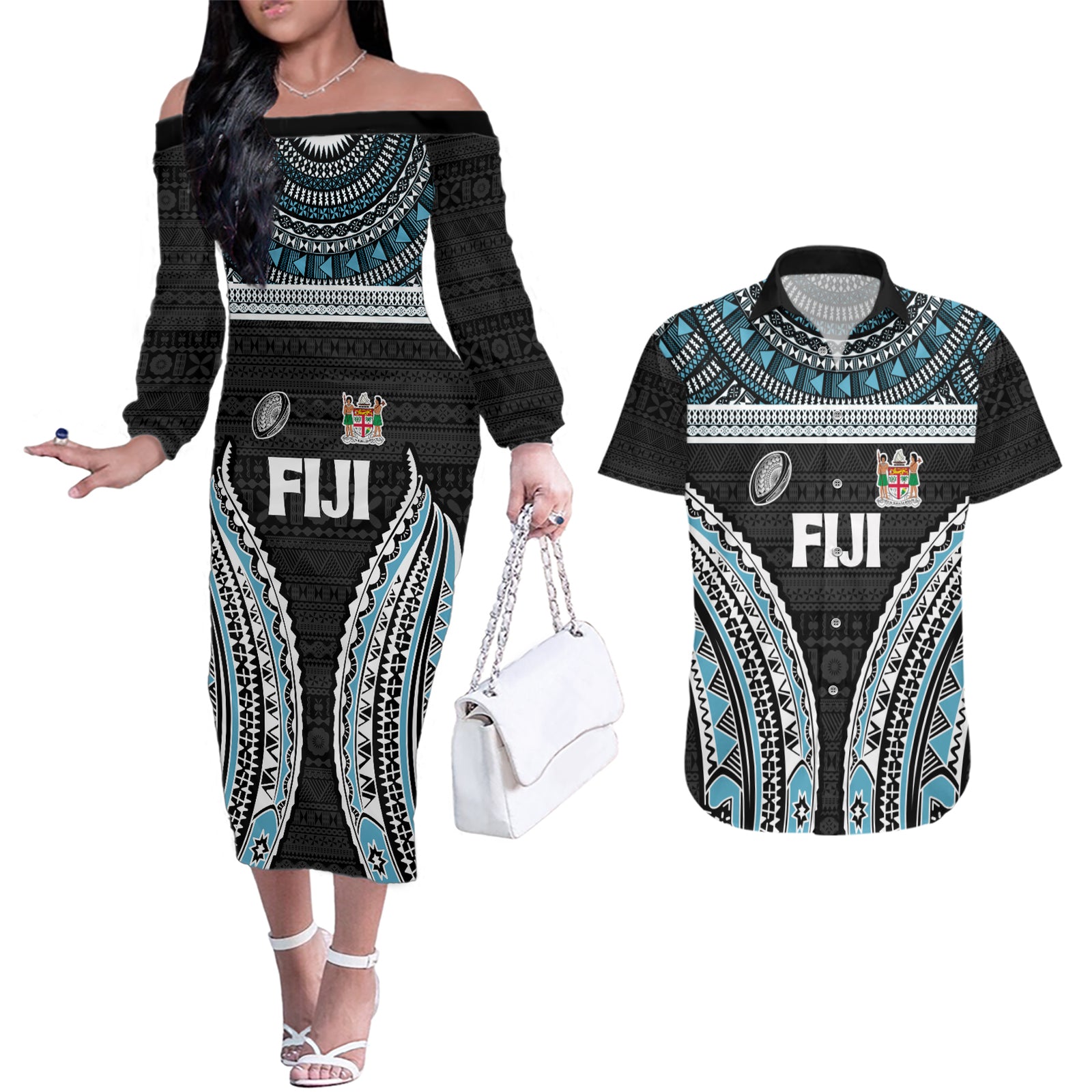 Custom Flying Fijians Rugby Couples Matching Off The Shoulder Long Sleeve Dress and Hawaiian Shirt Tapa Tribal Cloth Black Color LT03 Black - Polynesian Pride