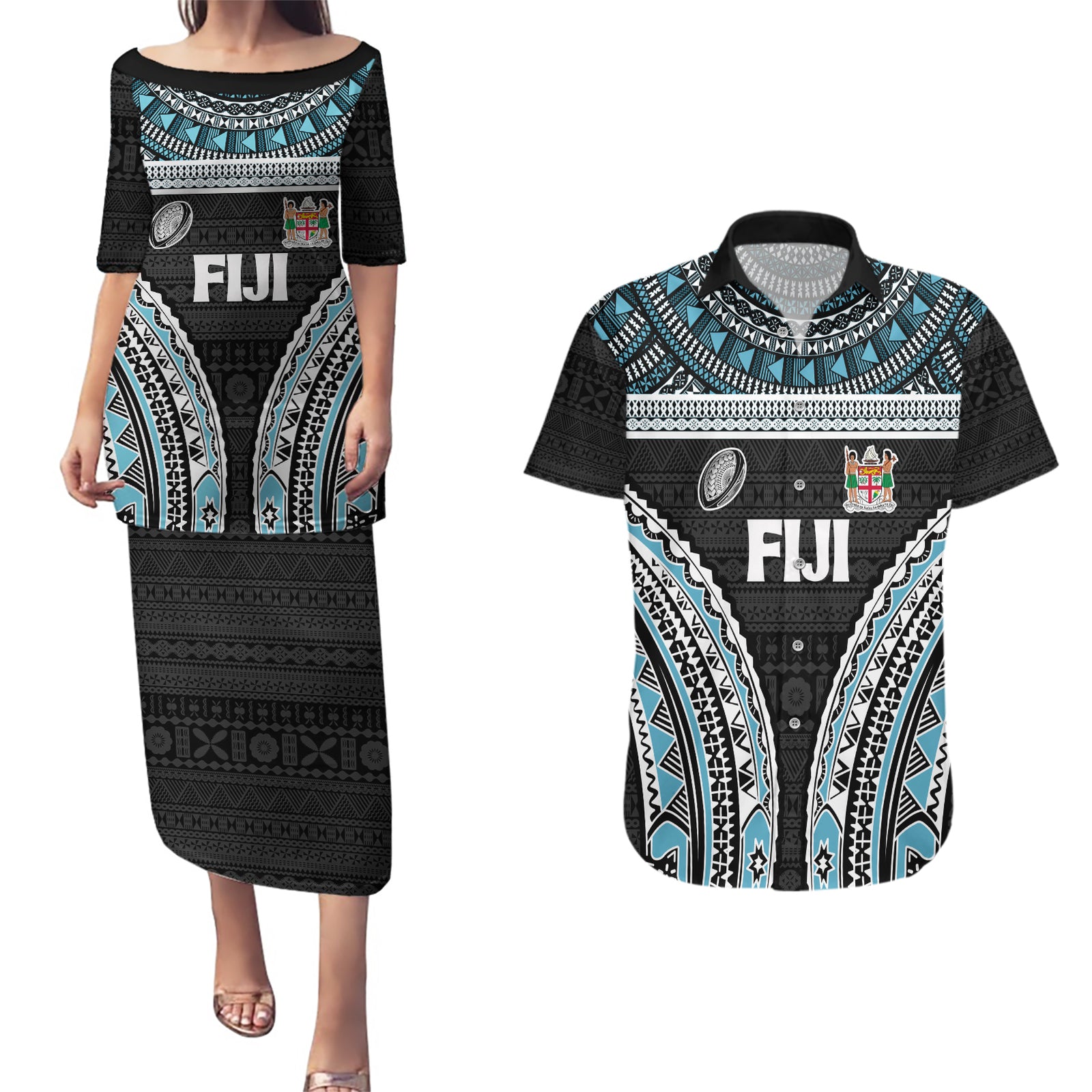 Custom Flying Fijians Rugby Couples Matching Puletasi and Hawaiian Shirt Tapa Tribal Cloth Black Color LT03 Black - Polynesian Pride