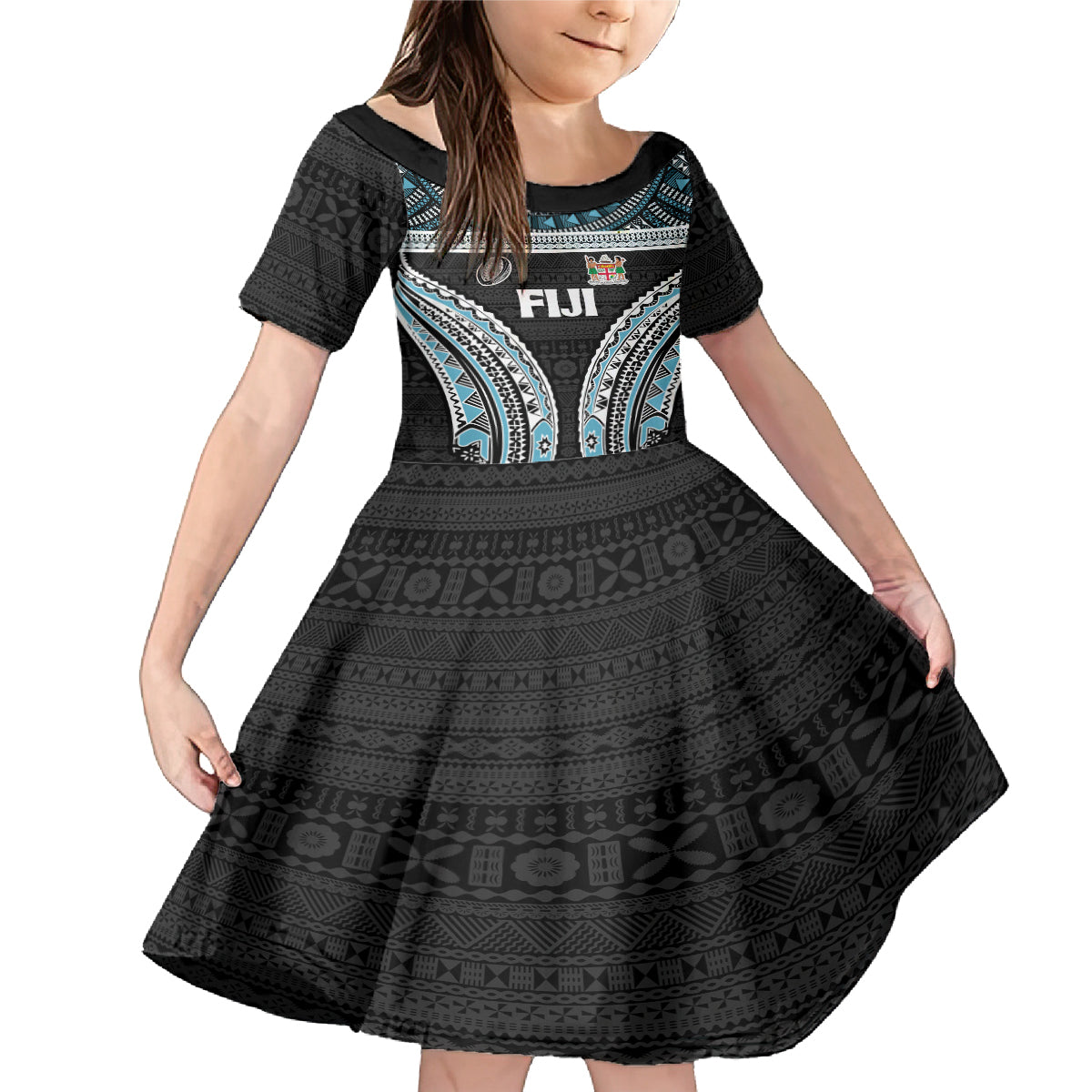 Custom Flying Fijians Rugby Family Matching Mermaid Dress and Hawaiian Shirt Tapa Tribal Cloth Black Color LT03 Daughter's Dress Black - Polynesian Pride