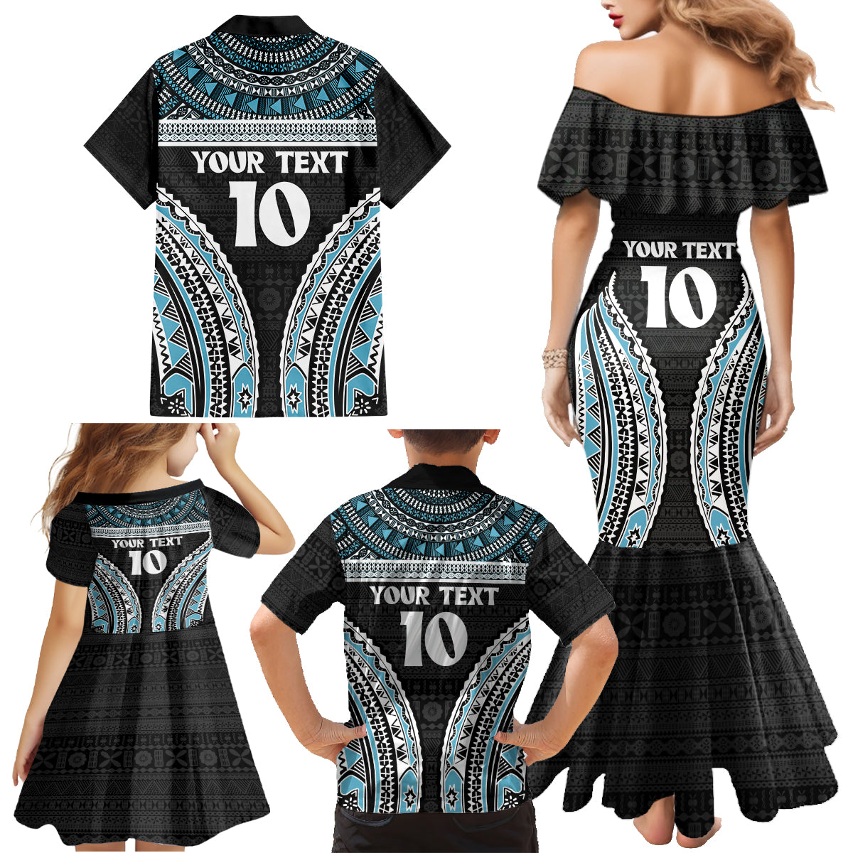Custom Flying Fijians Rugby Family Matching Mermaid Dress and Hawaiian Shirt Tapa Tribal Cloth Black Color LT03 - Polynesian Pride