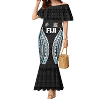 Custom Flying Fijians Rugby Family Matching Mermaid Dress and Hawaiian Shirt Tapa Tribal Cloth Black Color LT03 Mom's Dress Black - Polynesian Pride