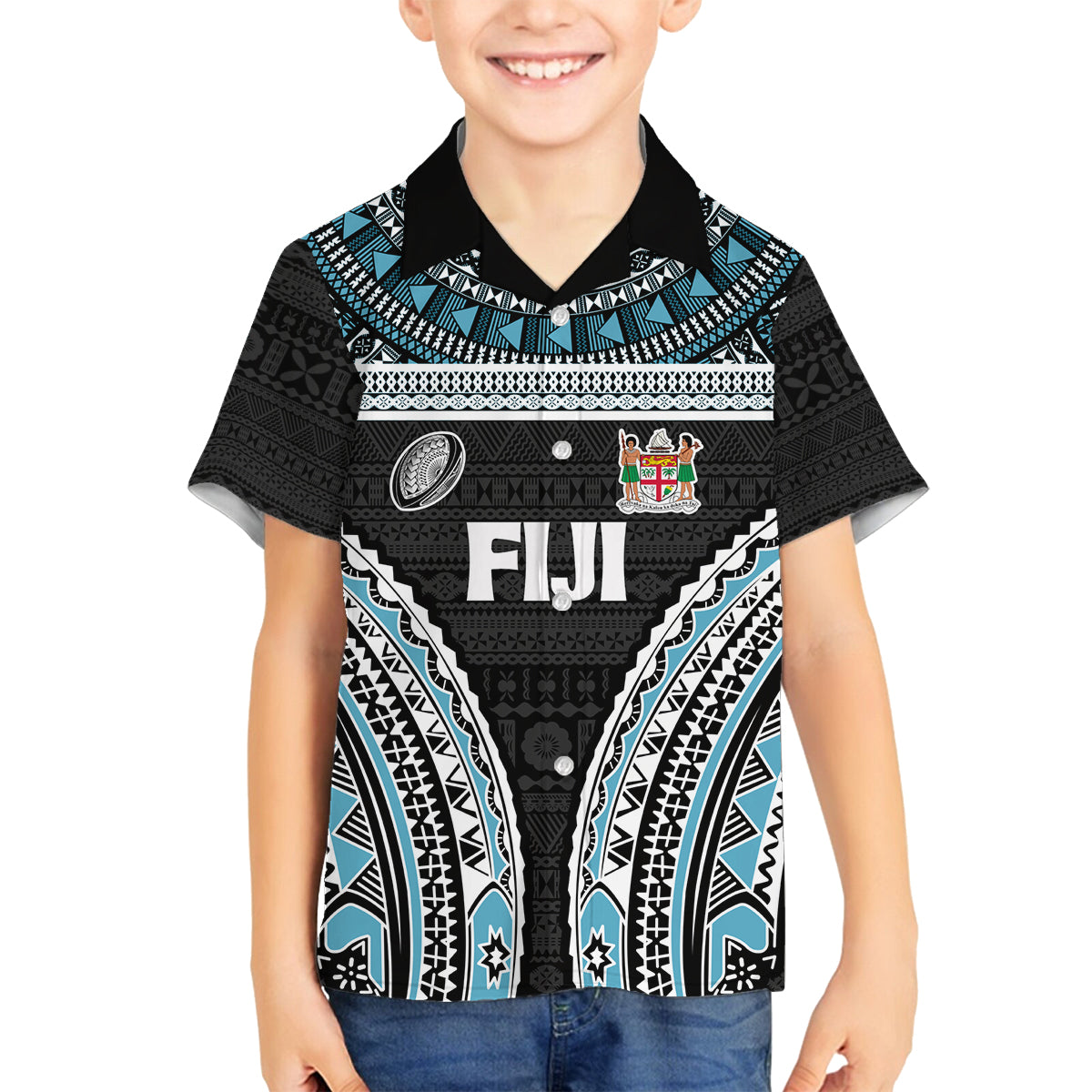 Custom Flying Fijians Rugby Family Matching Summer Maxi Dress and Hawaiian Shirt Tapa Tribal Cloth Black Color LT03 Son's Shirt Black - Polynesian Pride