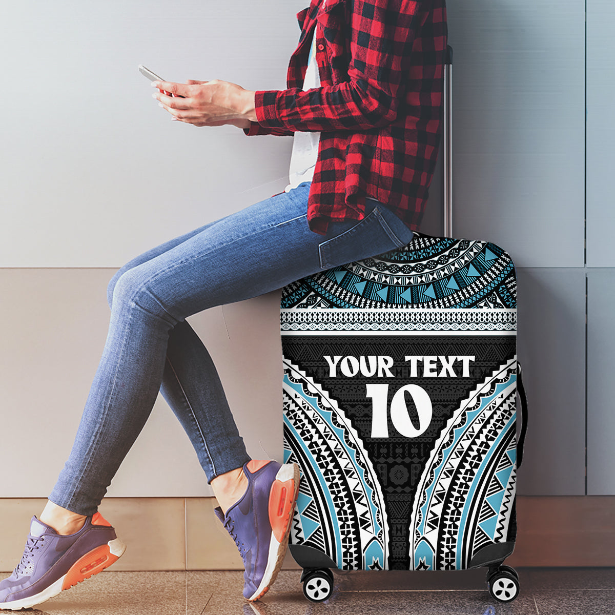 Custom Flying Fijians Rugby Luggage Cover Tapa Tribal Cloth Black Color