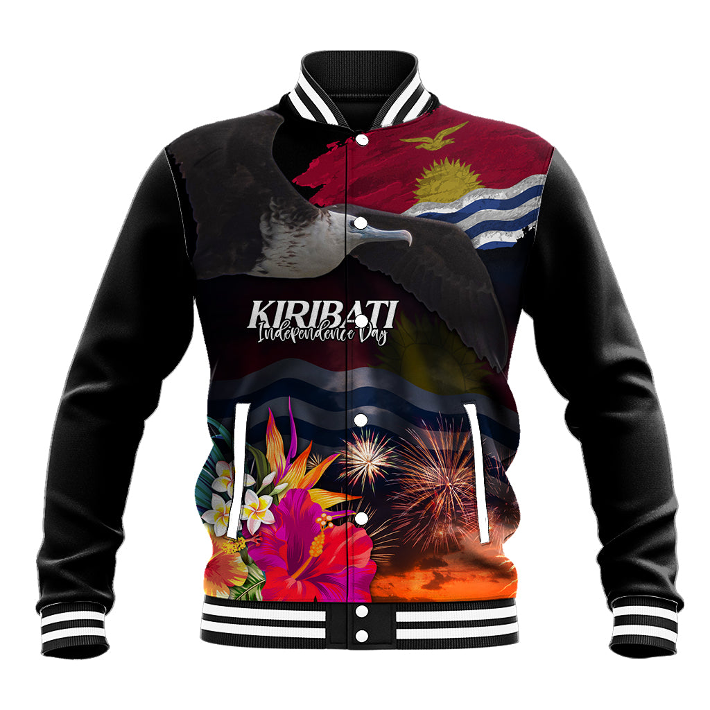 Personalised Kiribati Independence Day Baseball Jacket Frigatebird and Plumeria Hibiscus Flower LT03 Unisex Black - Polynesian Pride