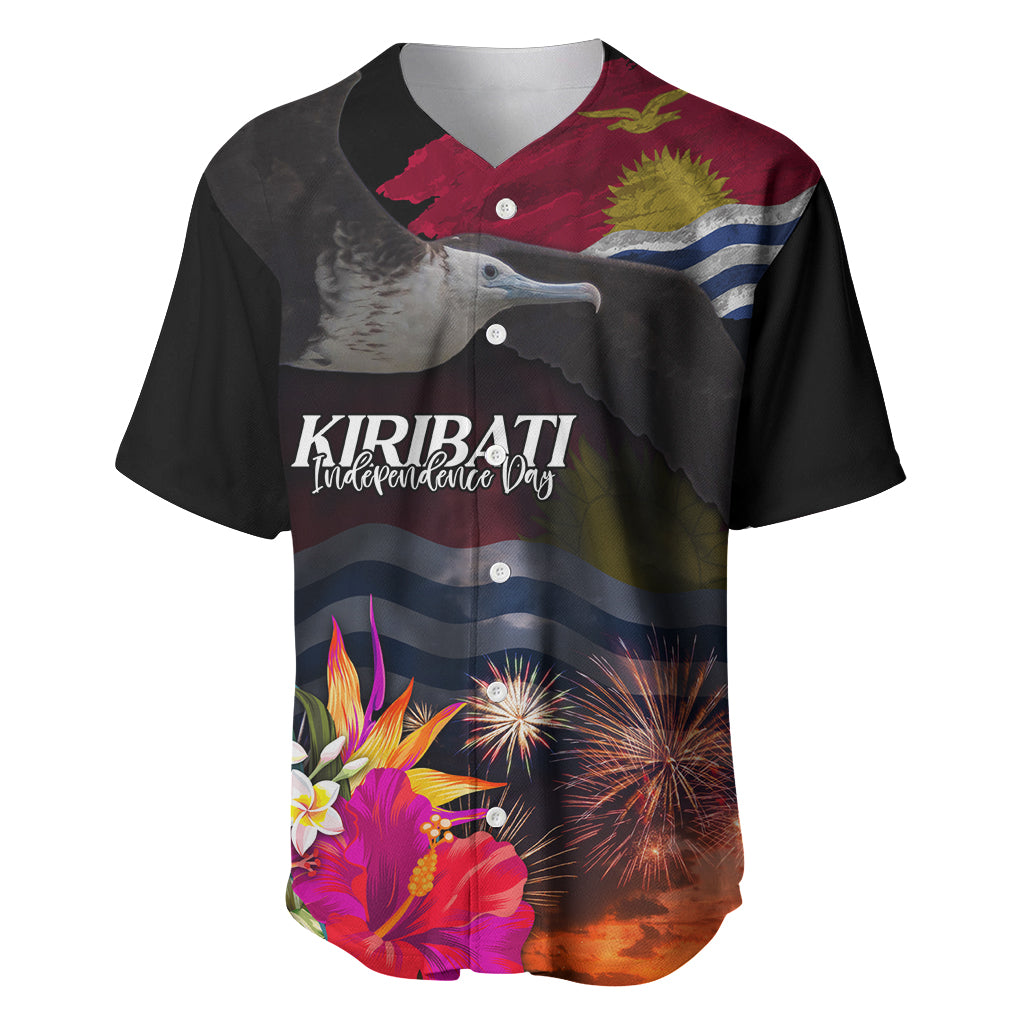 Personalised Kiribati Independence Day Baseball Jersey Frigatebird and Plumeria Hibiscus Flower LT03 Black - Polynesian Pride