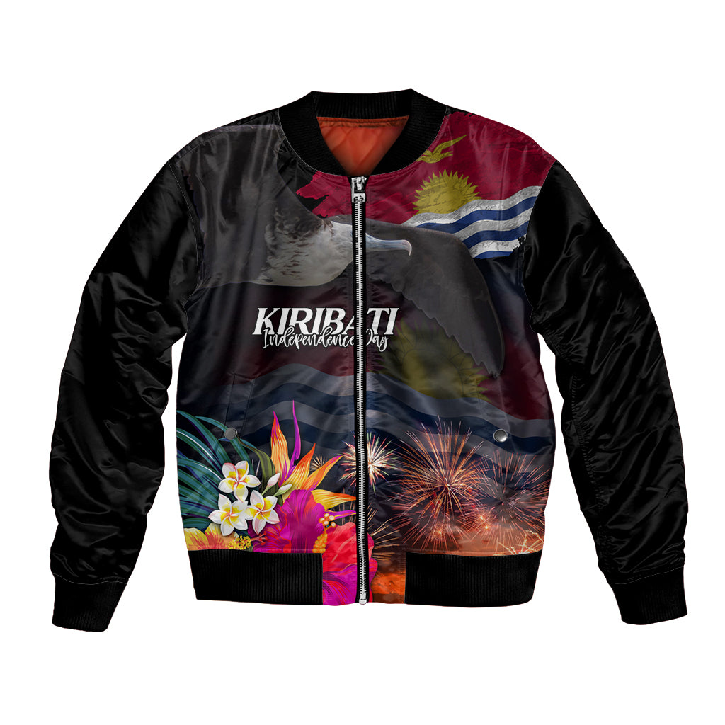 Personalised Kiribati Independence Day Bomber Jacket Frigatebird and Plumeria Hibiscus Flower LT03 Unisex Black - Polynesian Pride