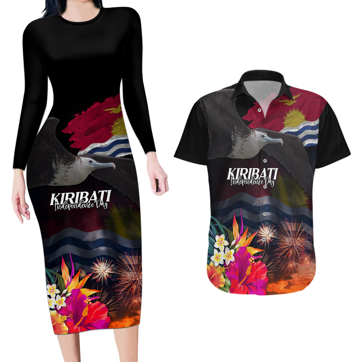 Personalised Kiribati Independence Day Couples Matching Long Sleeve Bodycon Dress and Hawaiian Shirt Frigatebird and Plumeria Hibiscus Flower LT03 Black - Polynesian Pride