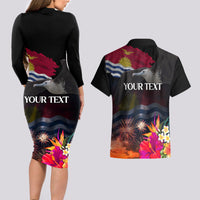 Personalised Kiribati Independence Day Couples Matching Long Sleeve Bodycon Dress and Hawaiian Shirt Frigatebird and Plumeria Hibiscus Flower LT03 - Polynesian Pride