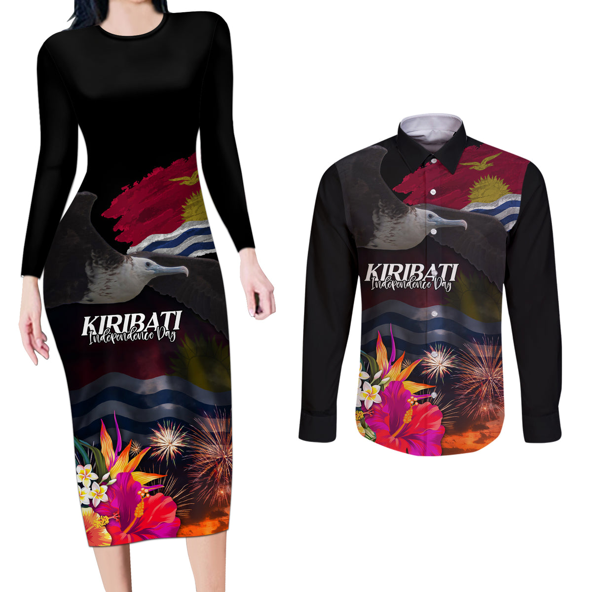 Personalised Kiribati Independence Day Couples Matching Long Sleeve Bodycon Dress and Long Sleeve Button Shirt Frigatebird and Plumeria Hibiscus Flower LT03 Black - Polynesian Pride