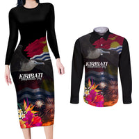 Personalised Kiribati Independence Day Couples Matching Long Sleeve Bodycon Dress and Long Sleeve Button Shirt Frigatebird and Plumeria Hibiscus Flower LT03 Black - Polynesian Pride