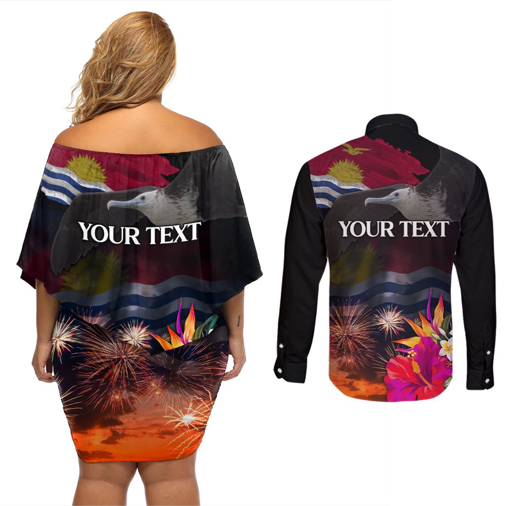 Personalised Kiribati Independence Day Couples Matching Off Shoulder Short Dress and Long Sleeve Button Shirt Frigatebird and Plumeria Hibiscus Flower LT03 - Polynesian Pride