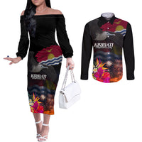 Personalised Kiribati Independence Day Couples Matching Off The Shoulder Long Sleeve Dress and Long Sleeve Button Shirt Frigatebird and Plumeria Hibiscus Flower LT03 Black - Polynesian Pride