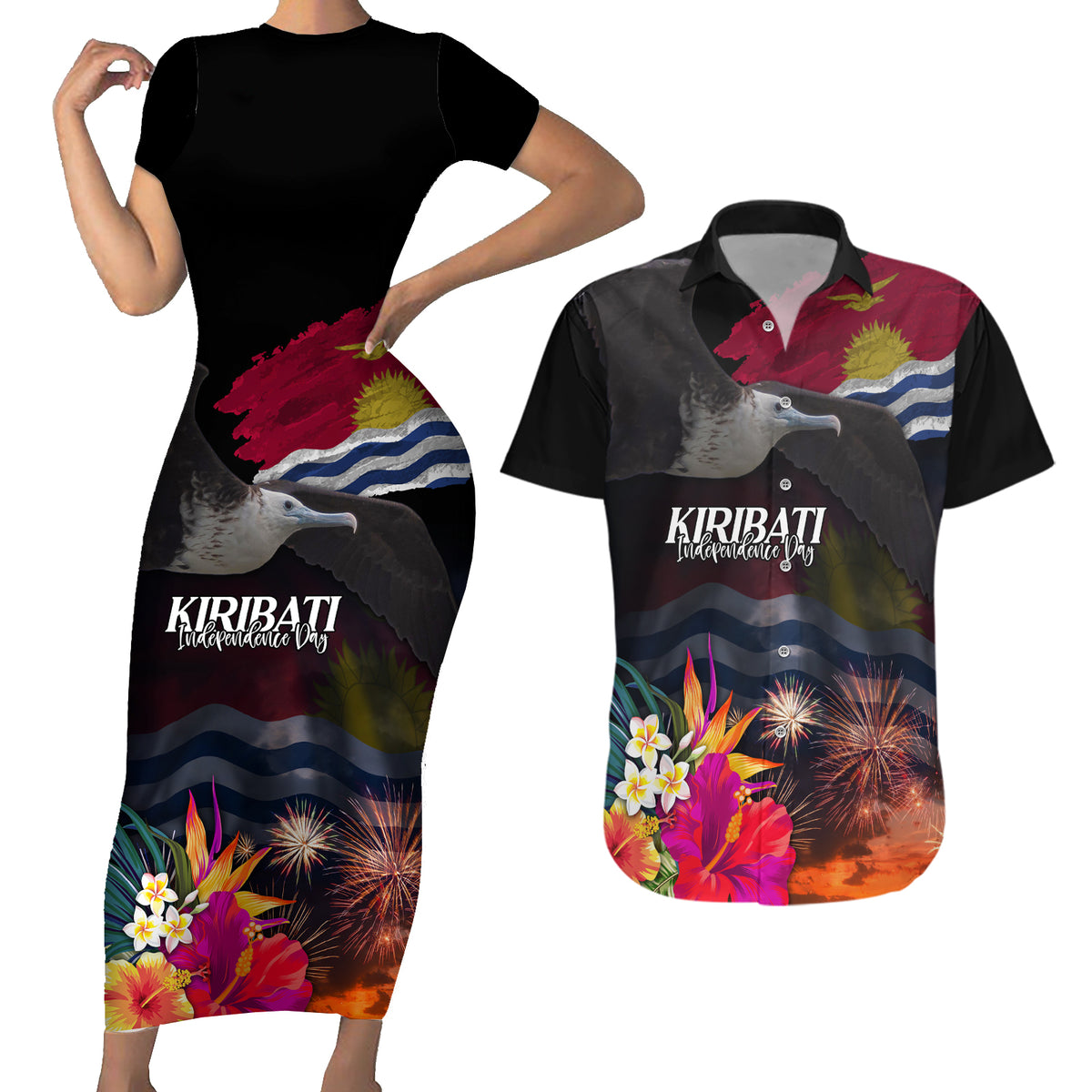 Personalised Kiribati Independence Day Couples Matching Short Sleeve Bodycon Dress and Hawaiian Shirt Frigatebird and Plumeria Hibiscus Flower LT03 Black - Polynesian Pride