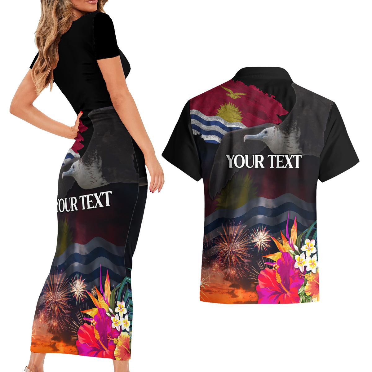 Personalised Kiribati Independence Day Couples Matching Short Sleeve Bodycon Dress and Hawaiian Shirt Frigatebird and Plumeria Hibiscus Flower LT03 - Polynesian Pride
