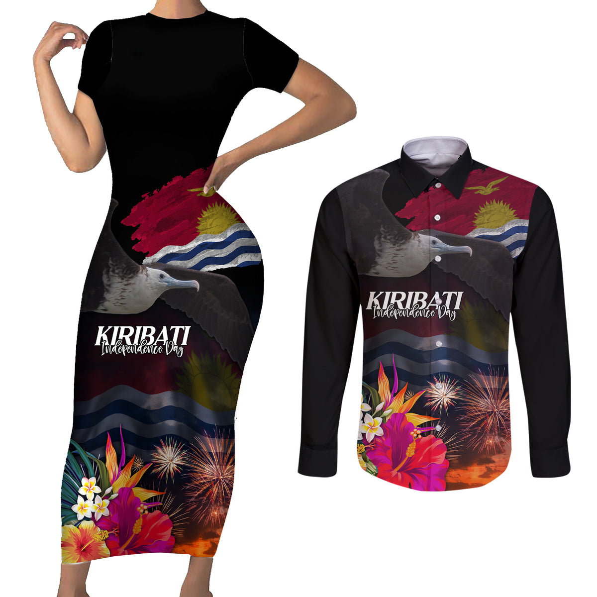 Personalised Kiribati Independence Day Couples Matching Short Sleeve Bodycon Dress and Long Sleeve Button Shirt Frigatebird and Plumeria Hibiscus Flower LT03 Black - Polynesian Pride