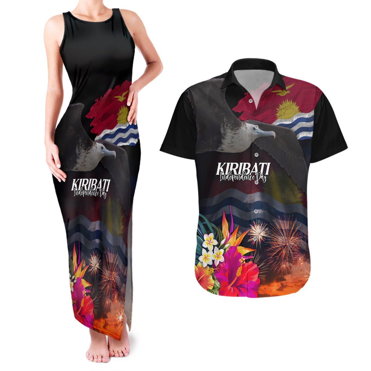 Personalised Kiribati Independence Day Couples Matching Tank Maxi Dress and Hawaiian Shirt Frigatebird and Plumeria Hibiscus Flower LT03 Black - Polynesian Pride
