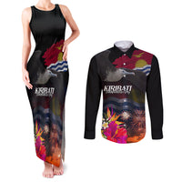 Personalised Kiribati Independence Day Couples Matching Tank Maxi Dress and Long Sleeve Button Shirt Frigatebird and Plumeria Hibiscus Flower LT03 Black - Polynesian Pride