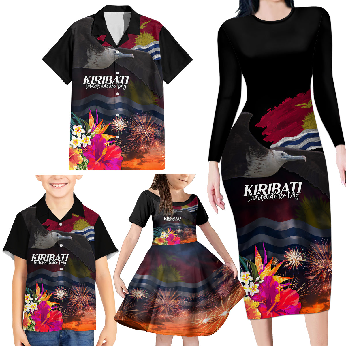 Personalised Kiribati Independence Day Family Matching Long Sleeve Bodycon Dress and Hawaiian Shirt Frigatebird and Plumeria Hibiscus Flower LT03 - Polynesian Pride