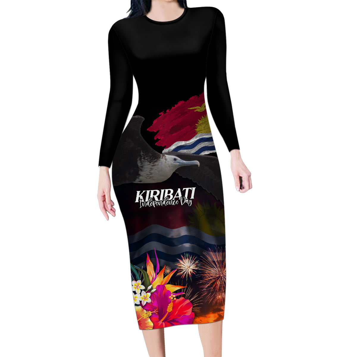 Personalised Kiribati Independence Day Family Matching Long Sleeve Bodycon Dress and Hawaiian Shirt Frigatebird and Plumeria Hibiscus Flower LT03 Mom's Dress Black - Polynesian Pride