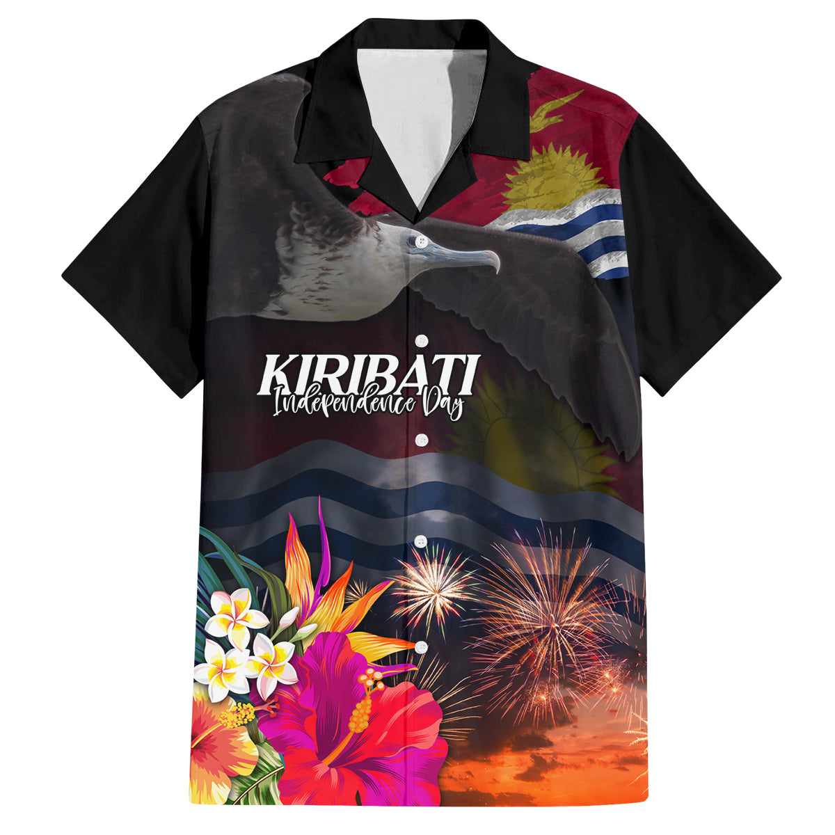 Personalised Kiribati Independence Day Family Matching Off The Shoulder Long Sleeve Dress and Hawaiian Shirt Frigatebird and Plumeria Hibiscus Flower LT03 Dad's Shirt - Short Sleeve Black - Polynesian Pride