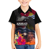 Personalised Kiribati Independence Day Family Matching Off The Shoulder Long Sleeve Dress and Hawaiian Shirt Frigatebird and Plumeria Hibiscus Flower LT03 Son's Shirt Black - Polynesian Pride