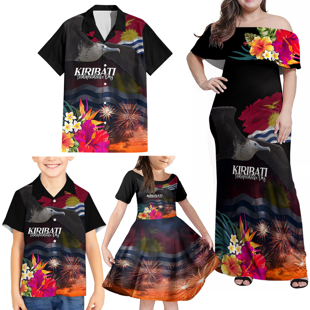 Personalised Kiribati Independence Day Family Matching Off Shoulder Maxi Dress and Hawaiian Shirt Frigatebird and Plumeria Hibiscus Flower LT03 - Polynesian Pride