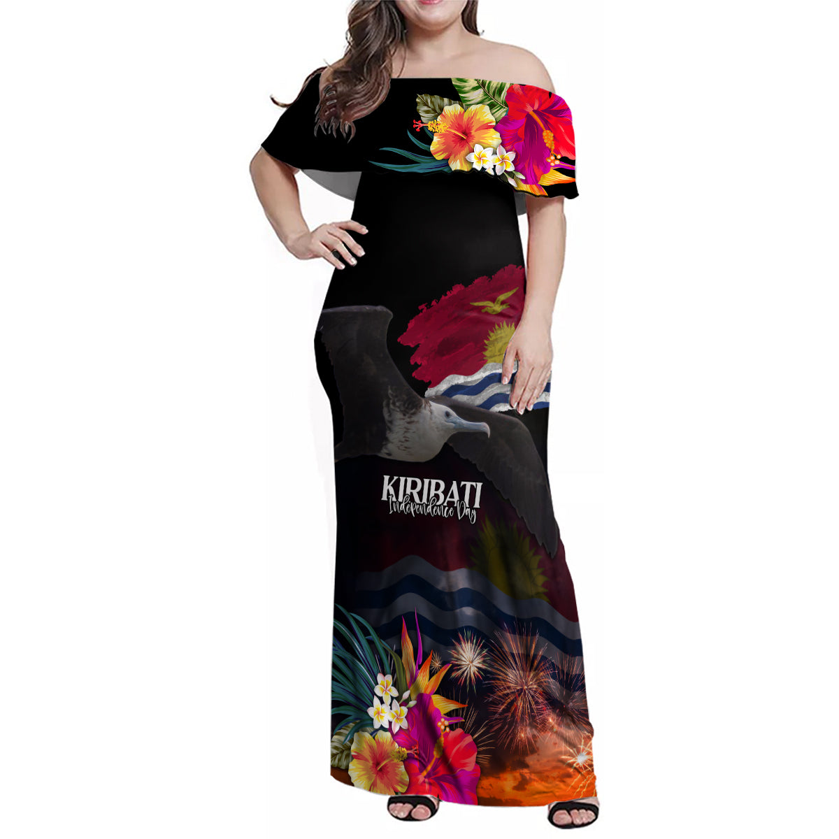 Personalised Kiribati Independence Day Family Matching Off Shoulder Maxi Dress and Hawaiian Shirt Frigatebird and Plumeria Hibiscus Flower LT03 Mom's Dress Black - Polynesian Pride