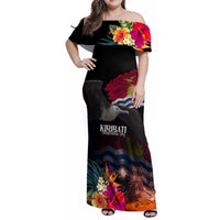 Personalised Kiribati Independence Day Family Matching Off Shoulder Maxi Dress and Hawaiian Shirt Frigatebird and Plumeria Hibiscus Flower LT03 Mom's Dress Black - Polynesian Pride