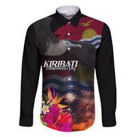 Personalised Kiribati Independence Day Family Matching Off Shoulder Short Dress and Hawaiian Shirt Frigatebird and Plumeria Hibiscus Flower LT03 Dad's Shirt - Long Sleeve Black - Polynesian Pride