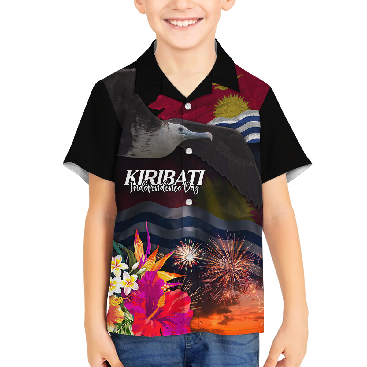 Personalised Kiribati Independence Day Family Matching Off Shoulder Short Dress and Hawaiian Shirt Frigatebird and Plumeria Hibiscus Flower LT03 Son's Shirt Black - Polynesian Pride